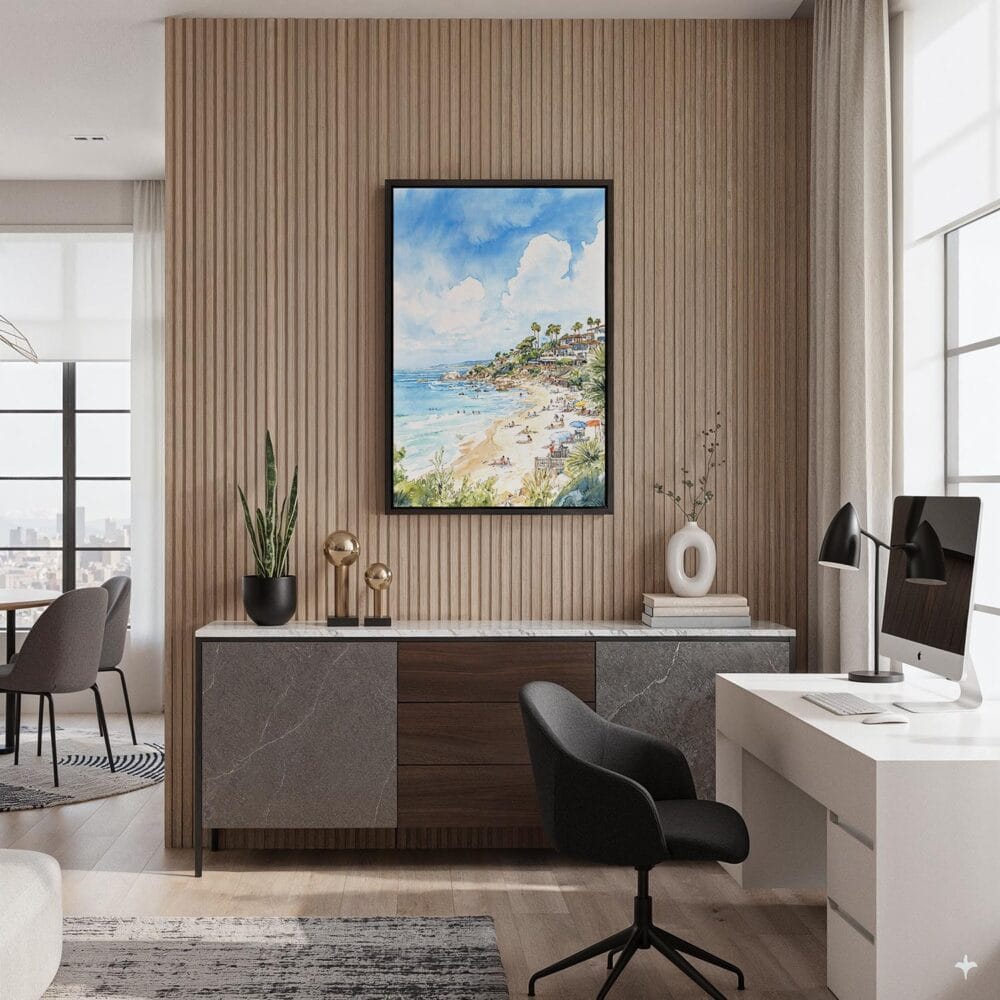 06 - Black Framed Laguna Beach Watercolor Canvas Print - Home Office - Vertical.jpg 06 - Black Framed Laguna Beach Watercolor Canvas Print - Home Office - Vertical.jpg