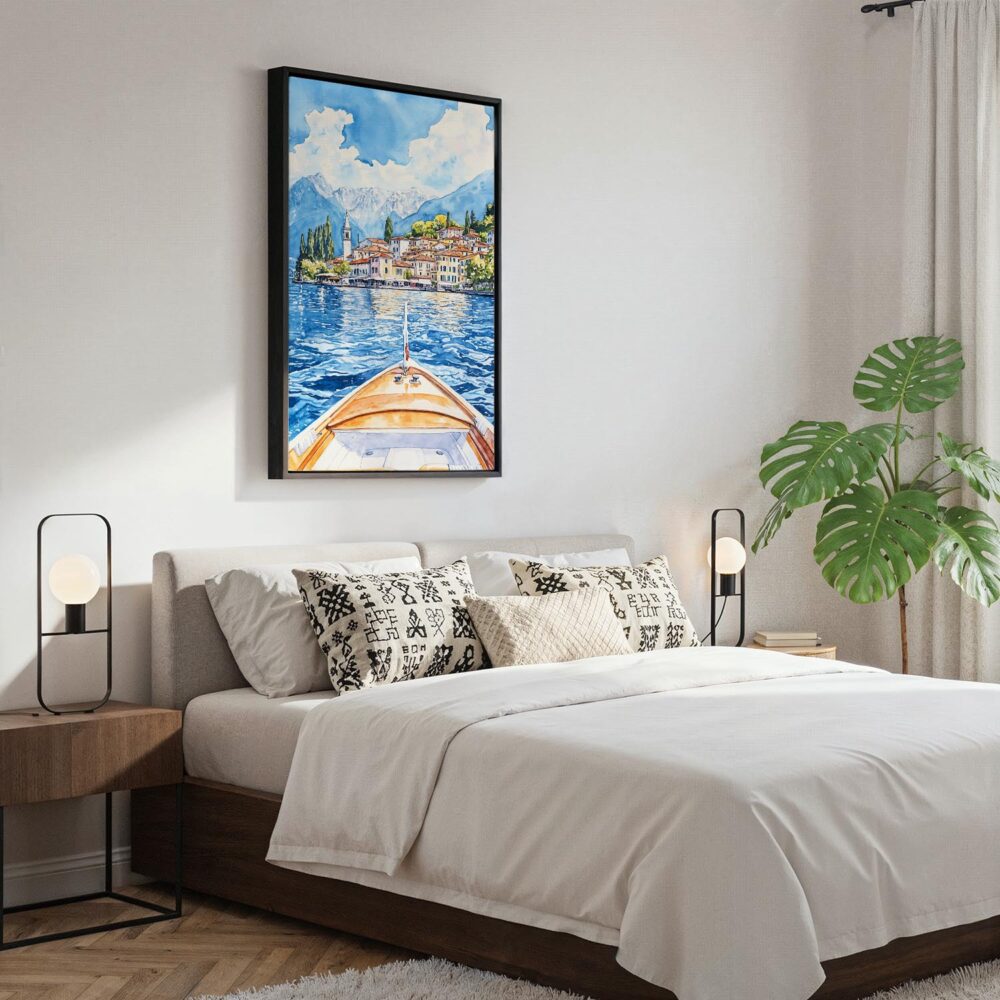 06 - Black Framed Lake Como Boat View Watercolor Canvas Print - Bedroom - Vertical.jpg 06 - Black Framed Lake Como Boat View Watercolor Canvas Print - Bedroom - Vertical.jpg