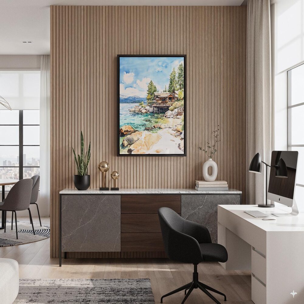 06 - Black Framed Lake Tahoe Cabin Watercolor Canvas Print - Home Office - Vertical.jpg 06 - Black Framed Lake Tahoe Cabin Watercolor Canvas Print - Home Office - Vertical.jpg