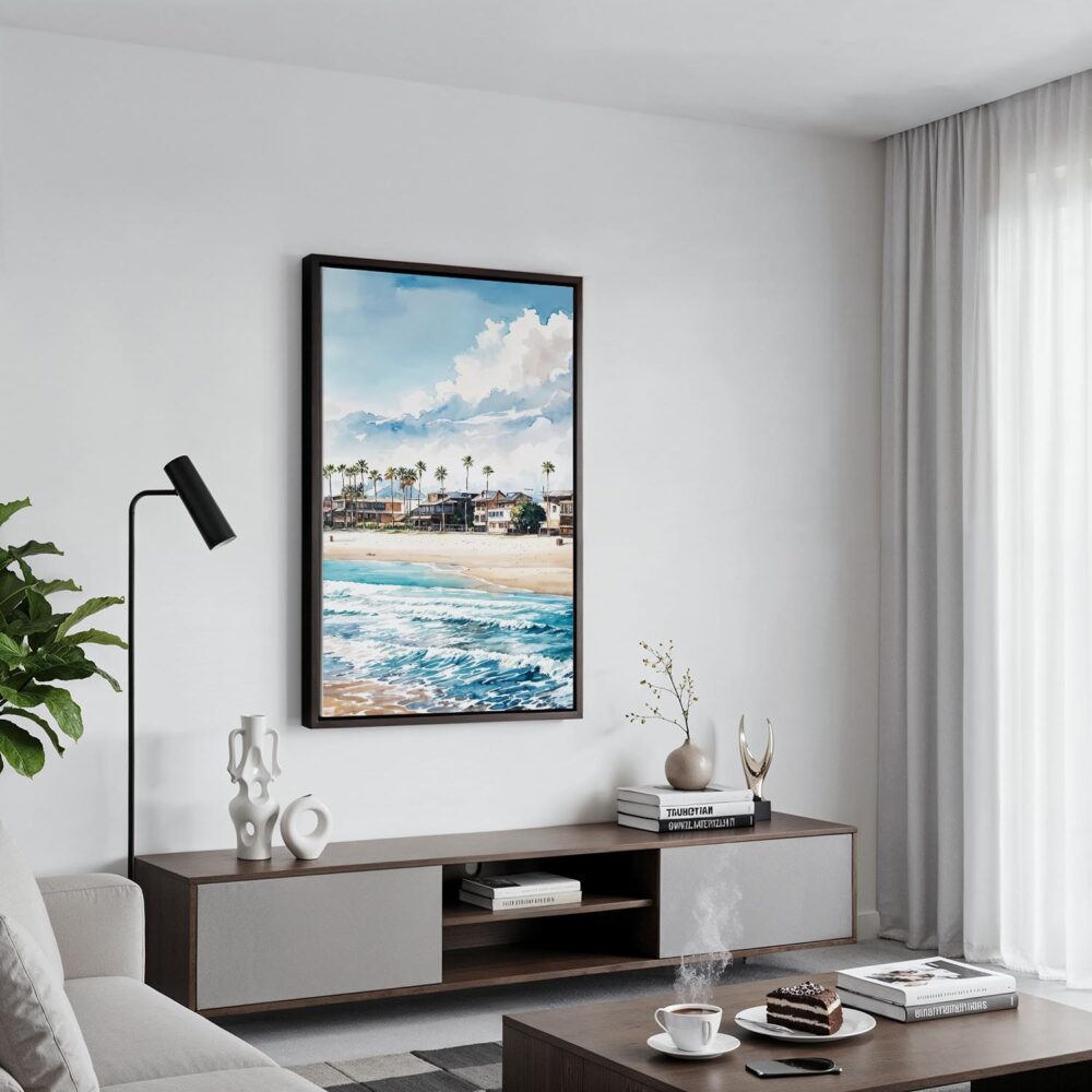 06 - Black Framed Los Angeles Waterfront Homes Watercolor Canvas Print - Contemporary Living Room - Vertical.jpg 06 - Black Framed Los Angeles Waterfront Homes Watercolor Canvas Print - Contemporary Living Room - Vertical.jpg