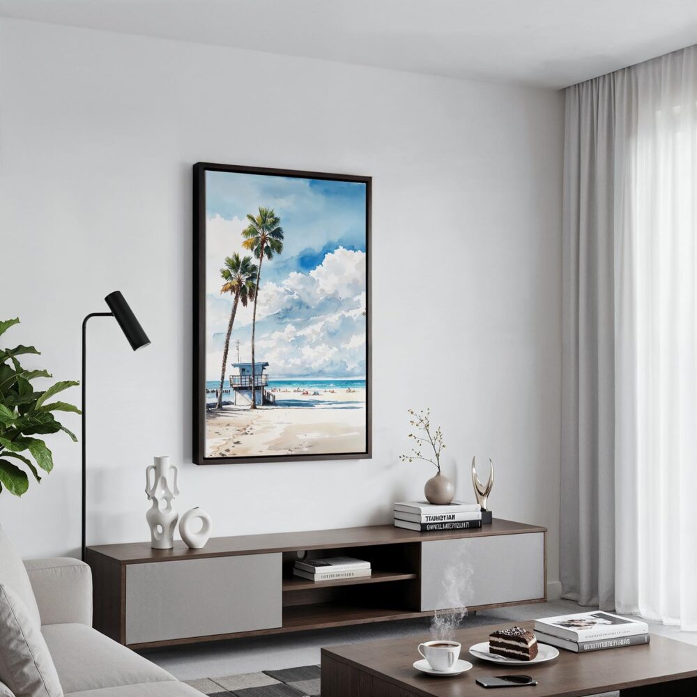 06 - Black Framed Los Angeles beach lifeguard tower Watercolor Canvas Print - Contemporary Living Room - Vertical.jpg 06 - Black Framed Los Angeles beach lifeguard tower Watercolor Canvas Print - Contemporary Living Room - Vertical.jpg
