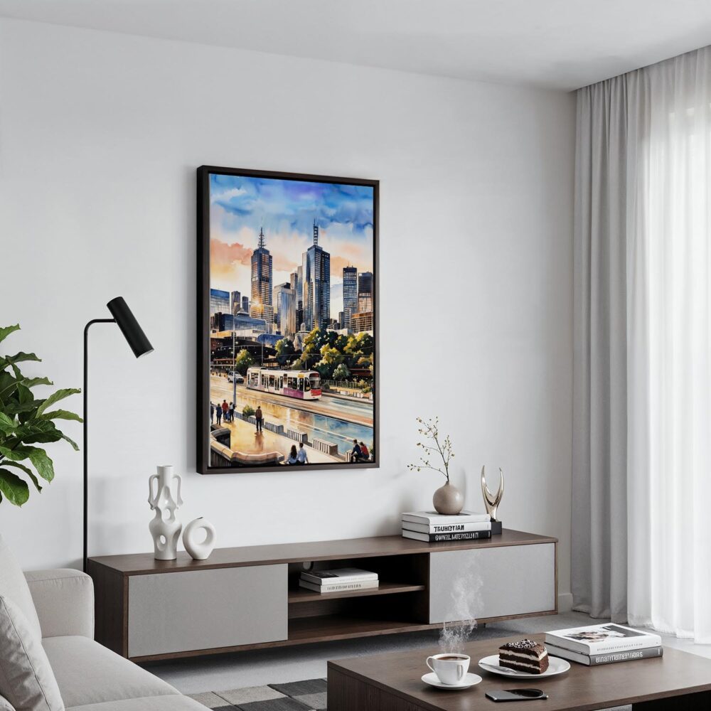 06 - Black Framed Melbourne Canvas Print - Contemporary Living Room - Vertical.jpg 06 - Black Framed Melbourne Canvas Print - Contemporary Living Room - Vertical.jpg