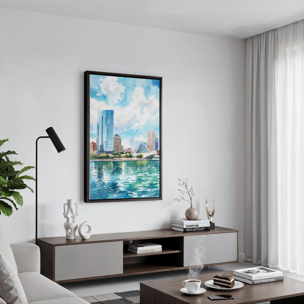 06 - Black Framed Milwaukee Skyline Watercolor Canvas Print - Contemporary Living Room - Vertical.jpg 06 - Black Framed Milwaukee Skyline Watercolor Canvas Print - Contemporary Living Room - Vertical.jpg