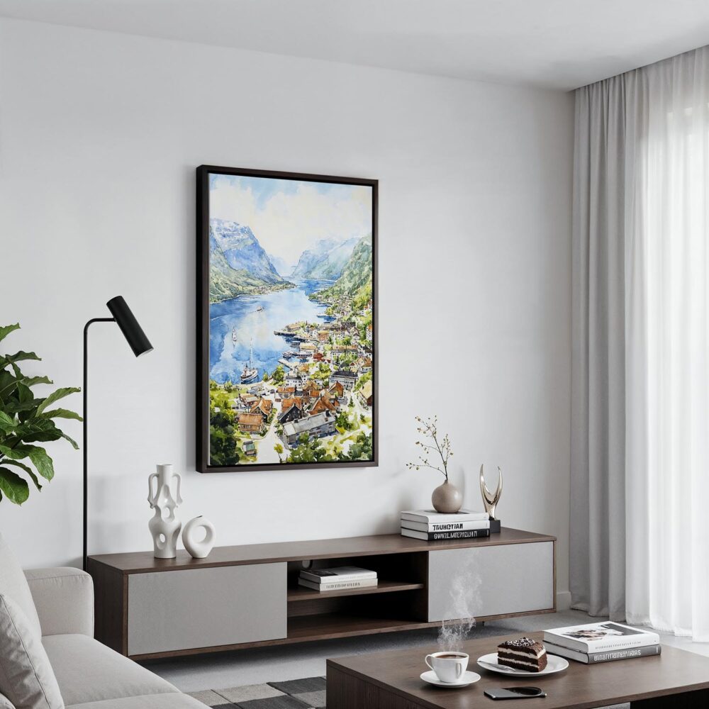 06 - Black Framed Norwegian Fjords Watercolor Canvas Print - Contemporary Living Room - Vertical.jpg 06 - Black Framed Norwegian Fjords Watercolor Canvas Print - Contemporary Living Room - Vertical.jpg