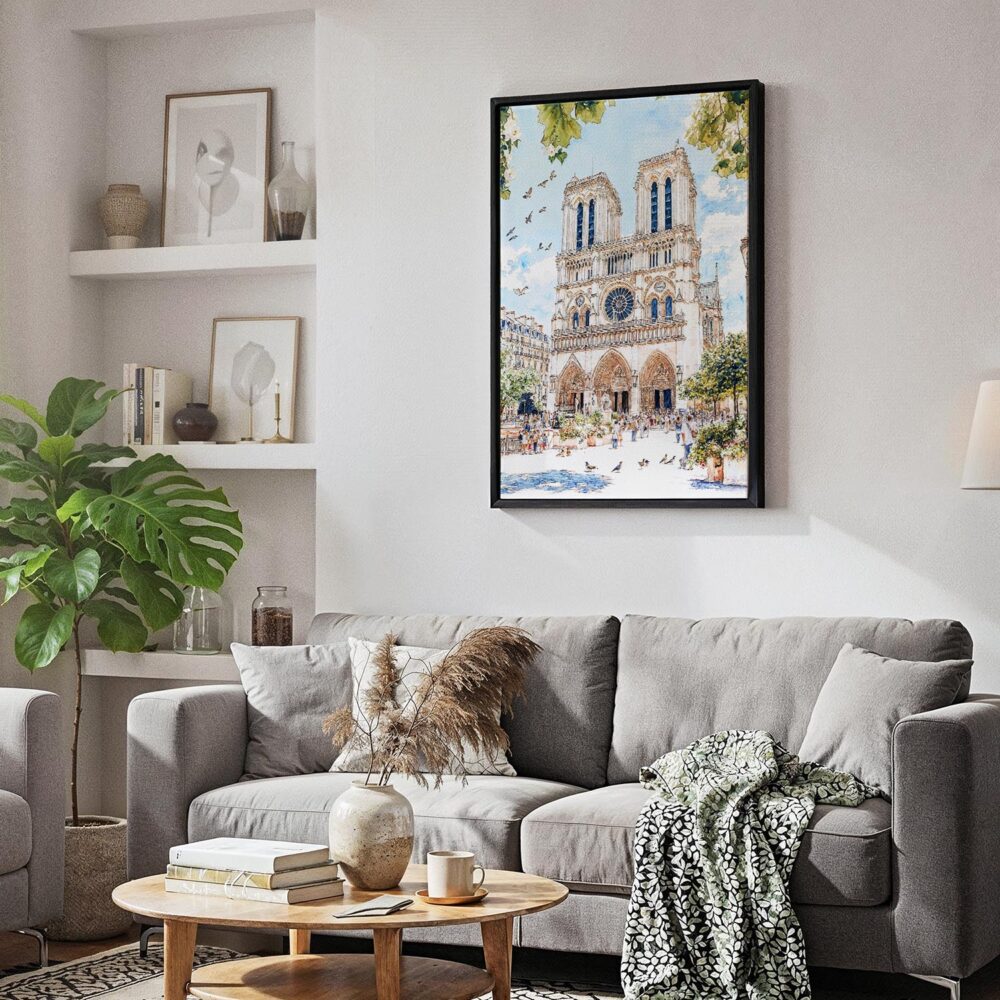 06 - Black Framed Notre Dame Watercolor Canvas Print - Skandinavian Living Room - Vertical.jpg 06 - Black Framed Notre Dame Watercolor Canvas Print - Skandinavian Living Room - Vertical.jpg