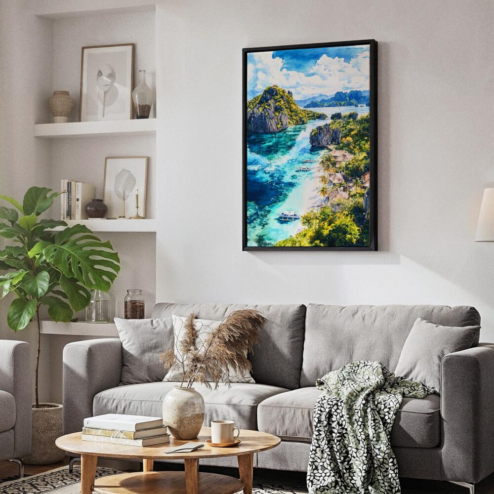 06 - Black Framed Palawan Philippines Watercolor Canvas Print - Skandinavian Living Room - Vertical.jpg 06 - Black Framed Palawan Philippines Watercolor Canvas Print - Skandinavian Living Room - Vertical.jpg