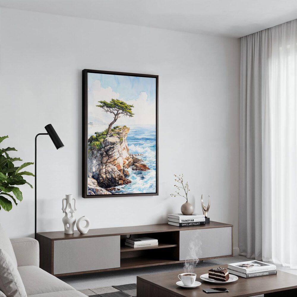 06 - Black Framed Pebble Beach Cypress Watercolor Canvas Print - Contemporary Living Room - Vertical.jpg 06 - Black Framed Pebble Beach Cypress Watercolor Canvas Print - Contemporary Living Room - Vertical.jpg