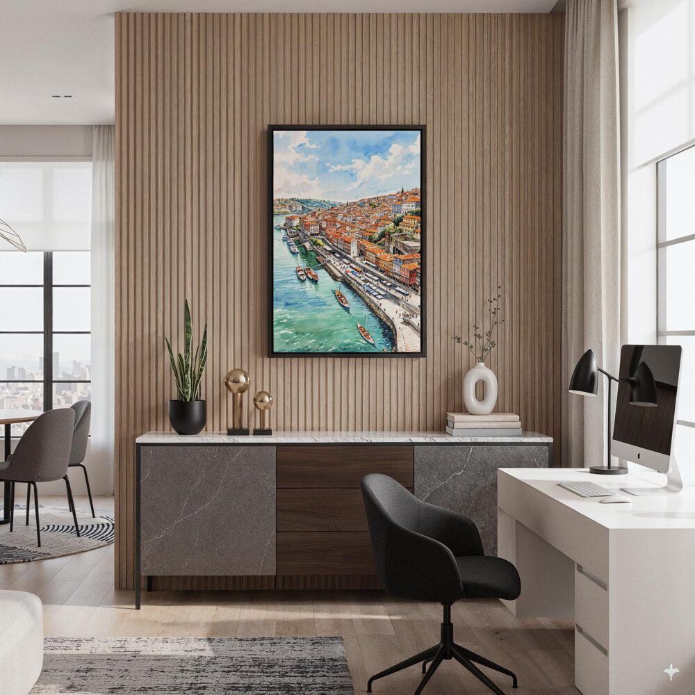 06 - Black Framed Porto Skyline Watercolor Canvas Print - Home Office - Vertical.jpg 06 - Black Framed Porto Skyline Watercolor Canvas Print - Home Office - Vertical.jpg