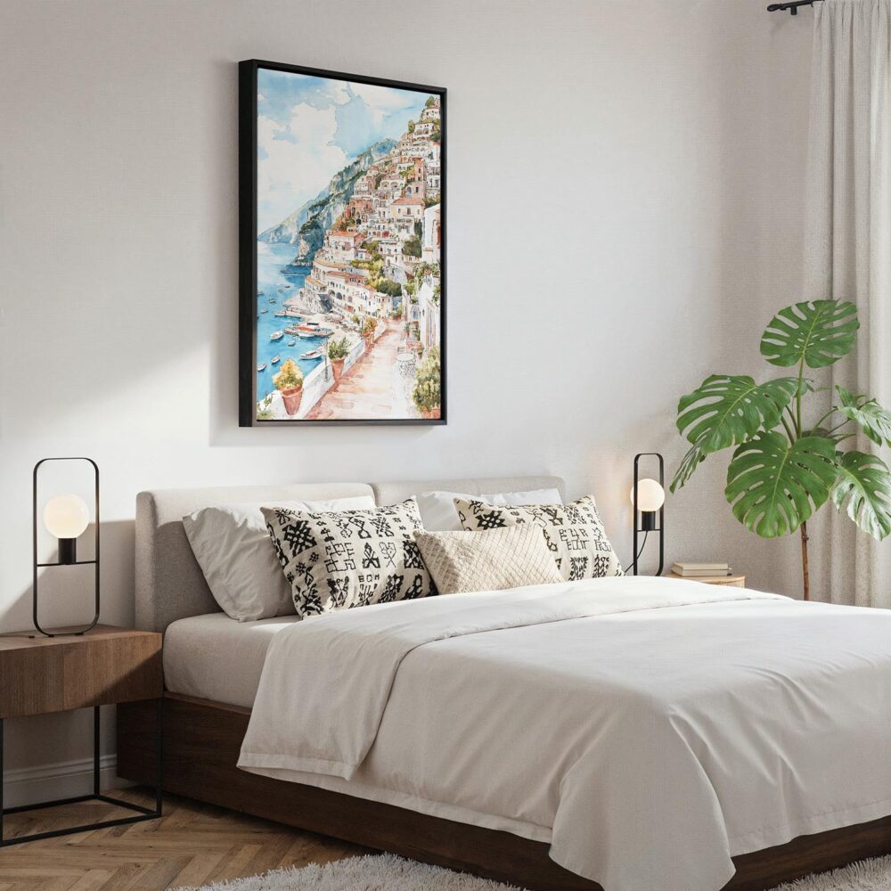 06 - Black Framed Positano - Watercolor Canvas Print - Bedroom - Vertical.jpg 06 - Black Framed Positano - Watercolor Canvas Print - Bedroom - Vertical.jpg