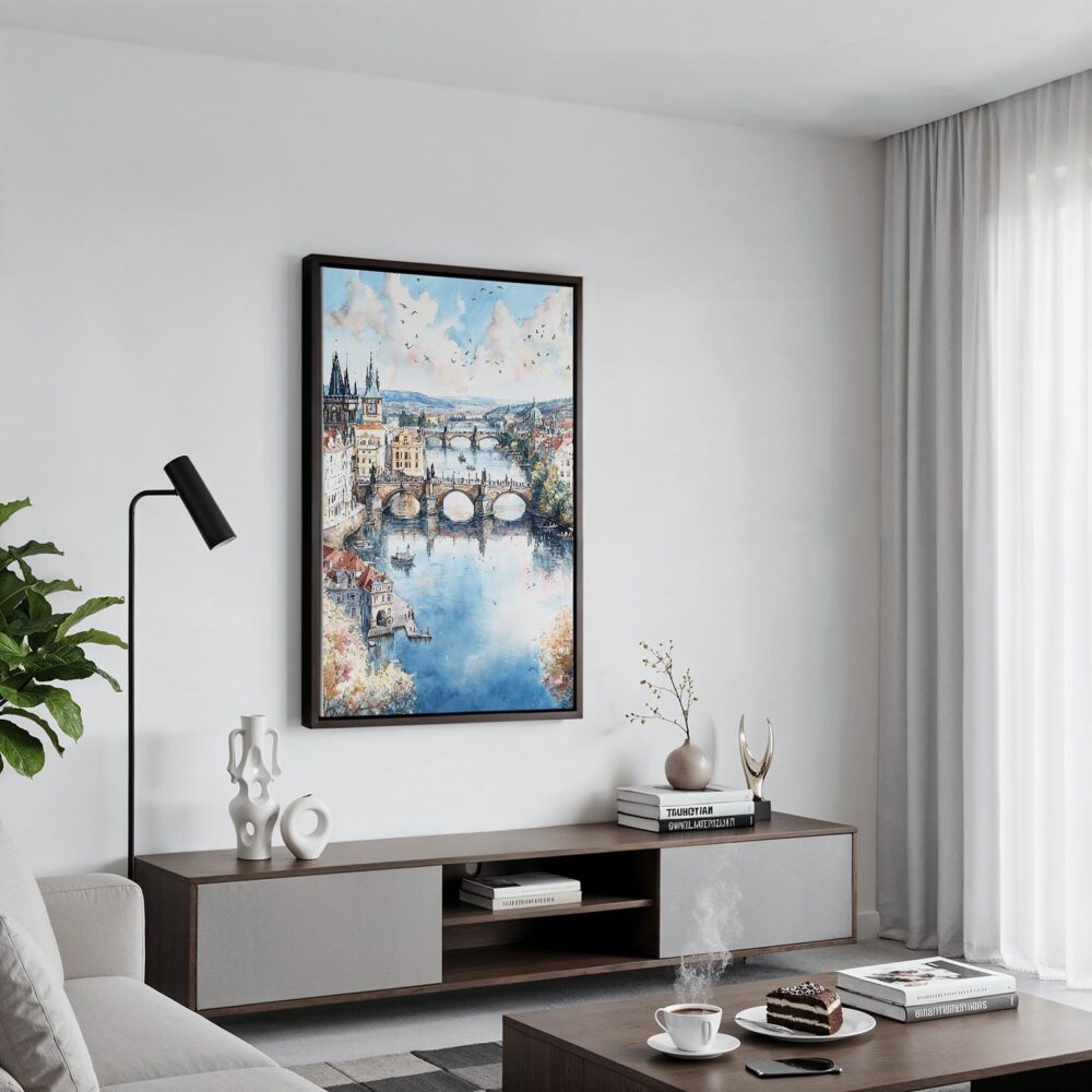 06 - Black Framed Prague Skyline - Watercolor Canvas Print - Contemporary Living Room - Vertical.jpg 06 - Black Framed Prague Skyline - Watercolor Canvas Print - Contemporary Living Room - Vertical.jpg