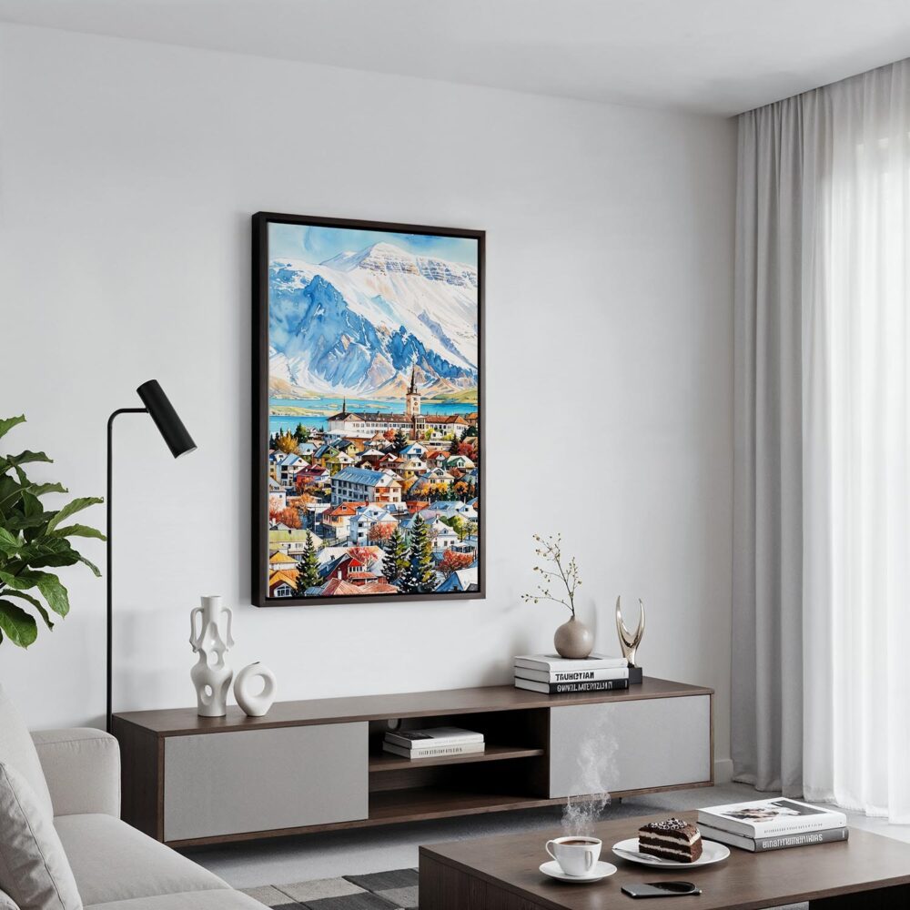 06 - Black Framed Reykjavik Watercolor Canvas Print - Contemporary Living Room - Vertical.jpg 06 - Black Framed Reykjavik Watercolor Canvas Print - Contemporary Living Room - Vertical.jpg