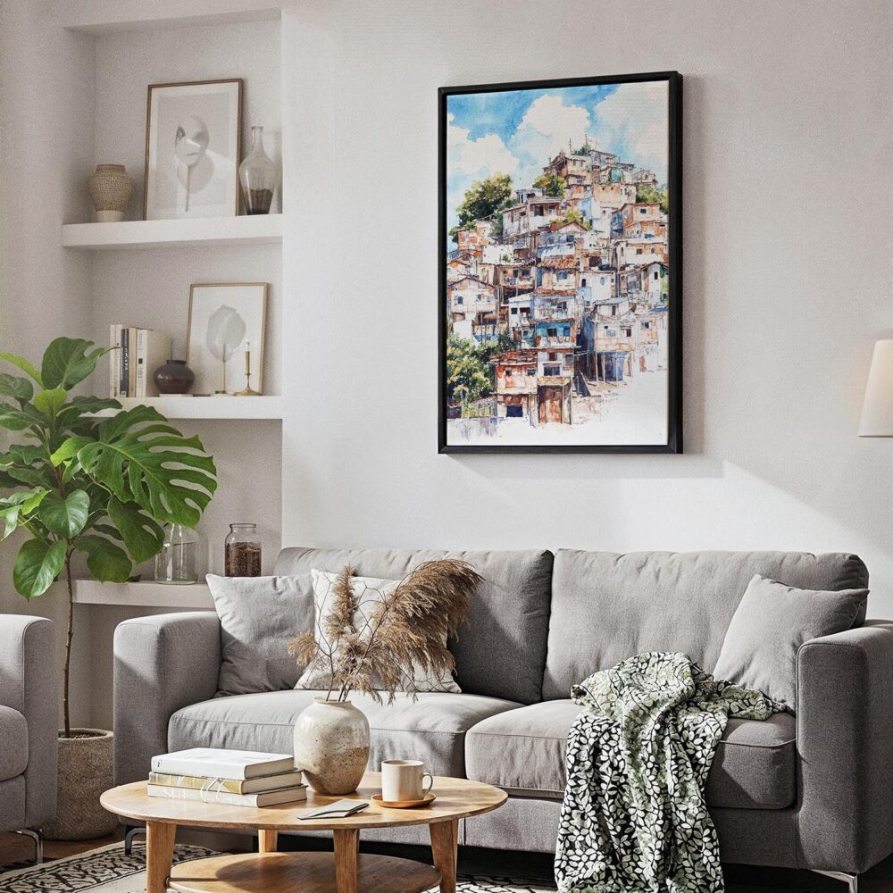 06 - Black Framed Rio De Janeiro Favelas Watercolor Canvas Print - Skandinavian Living Room - Vertical.jpg 06 - Black Framed Rio De Janeiro Favelas Watercolor Canvas Print - Skandinavian Living Room - Vertical.jpg