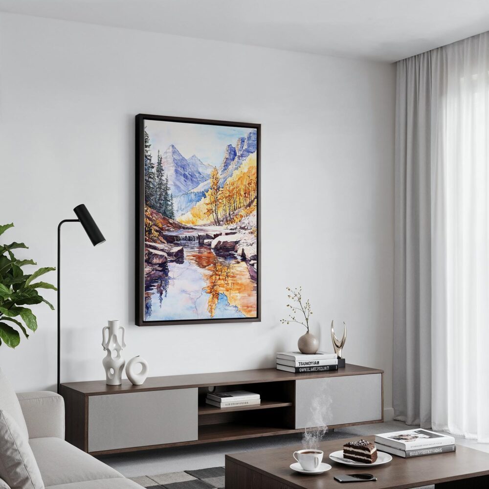 06 - Black Framed Rocky Mountains Canada Watercolor Canvas Print - Contemporary Living Room - Vertical.jpg 06 - Black Framed Rocky Mountains Canada Watercolor Canvas Print - Contemporary Living Room - Vertical.jpg
