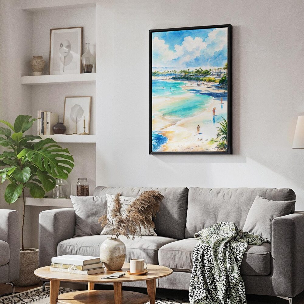 06 - Black Framed San Diego Beach Watercolor Canvas Print - Skandinavian Living Room - Vertical.jpg 06 - Black Framed San Diego Beach Watercolor Canvas Print - Skandinavian Living Room - Vertical.jpg
