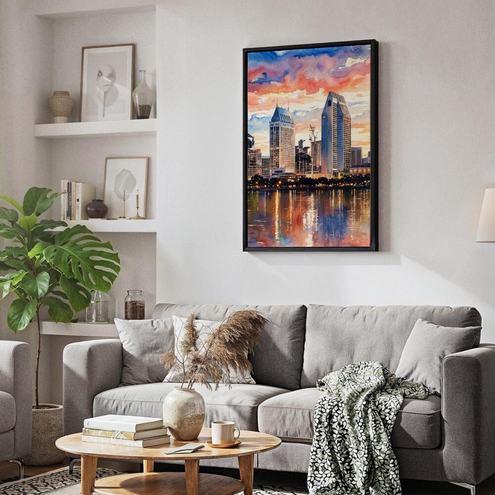 06 - Black Framed San Diego Skyline Watercolor Canvas Print - Skandinavian Living Room - Vertical.jpg 06 - Black Framed San Diego Skyline Watercolor Canvas Print - Skandinavian Living Room - Vertical.jpg