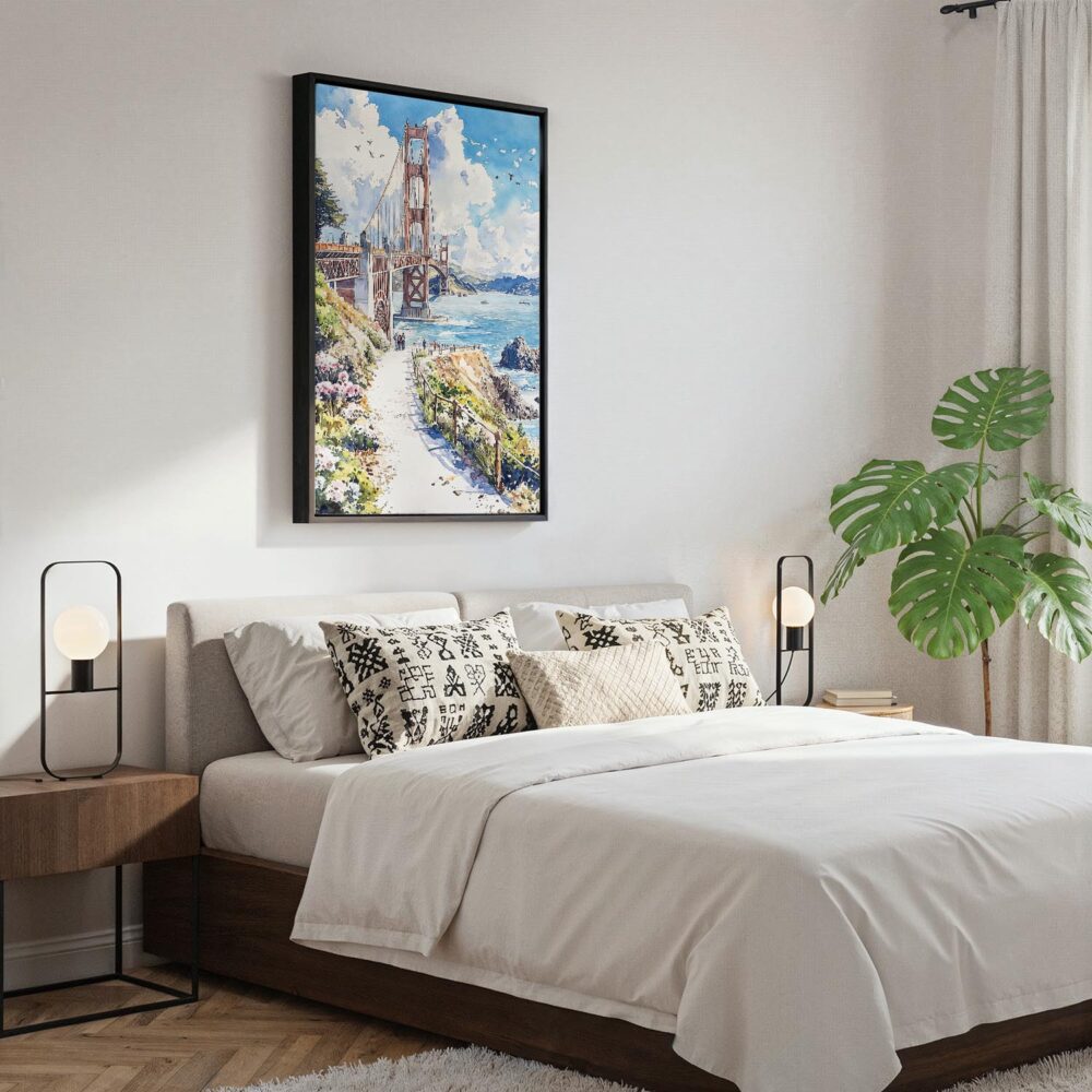 06 - Black Framed San Francisco Golden Gate Bridge - Watercolor Canvas Print - Bedroom - Vertical.jpg 06 - Black Framed San Francisco Golden Gate Bridge - Watercolor Canvas Print - Bedroom - Vertical.jpg