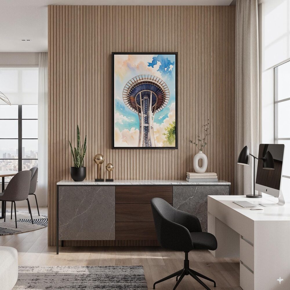 06 - Black Framed Seattle Space Needle Closeup Watercolor Canvas Print - Home Office - Vertical.jpg 06 - Black Framed Seattle Space Needle Closeup Watercolor Canvas Print - Home Office - Vertical.jpg