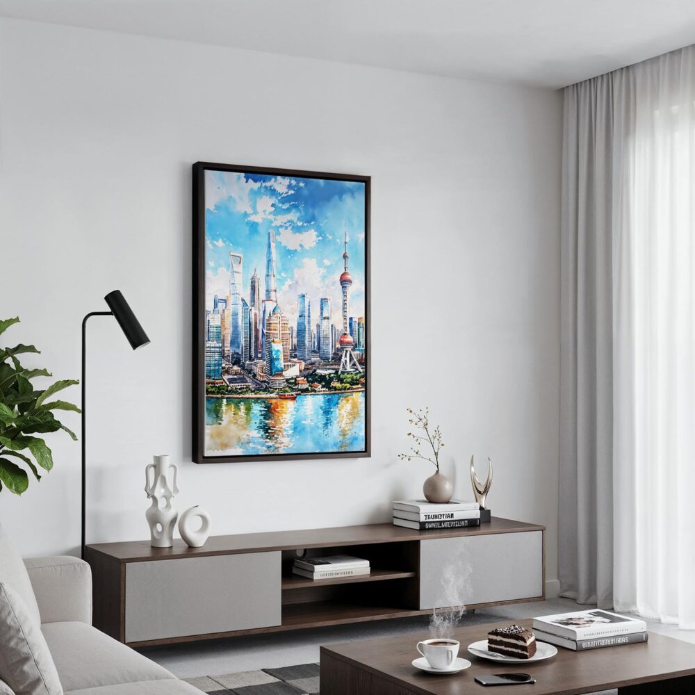 06 - Black Framed Shanghai China Watercolor Canvas Print - Contemporary Living Room - Vertical.jpg 06 - Black Framed Shanghai China Watercolor Canvas Print - Contemporary Living Room - Vertical.jpg