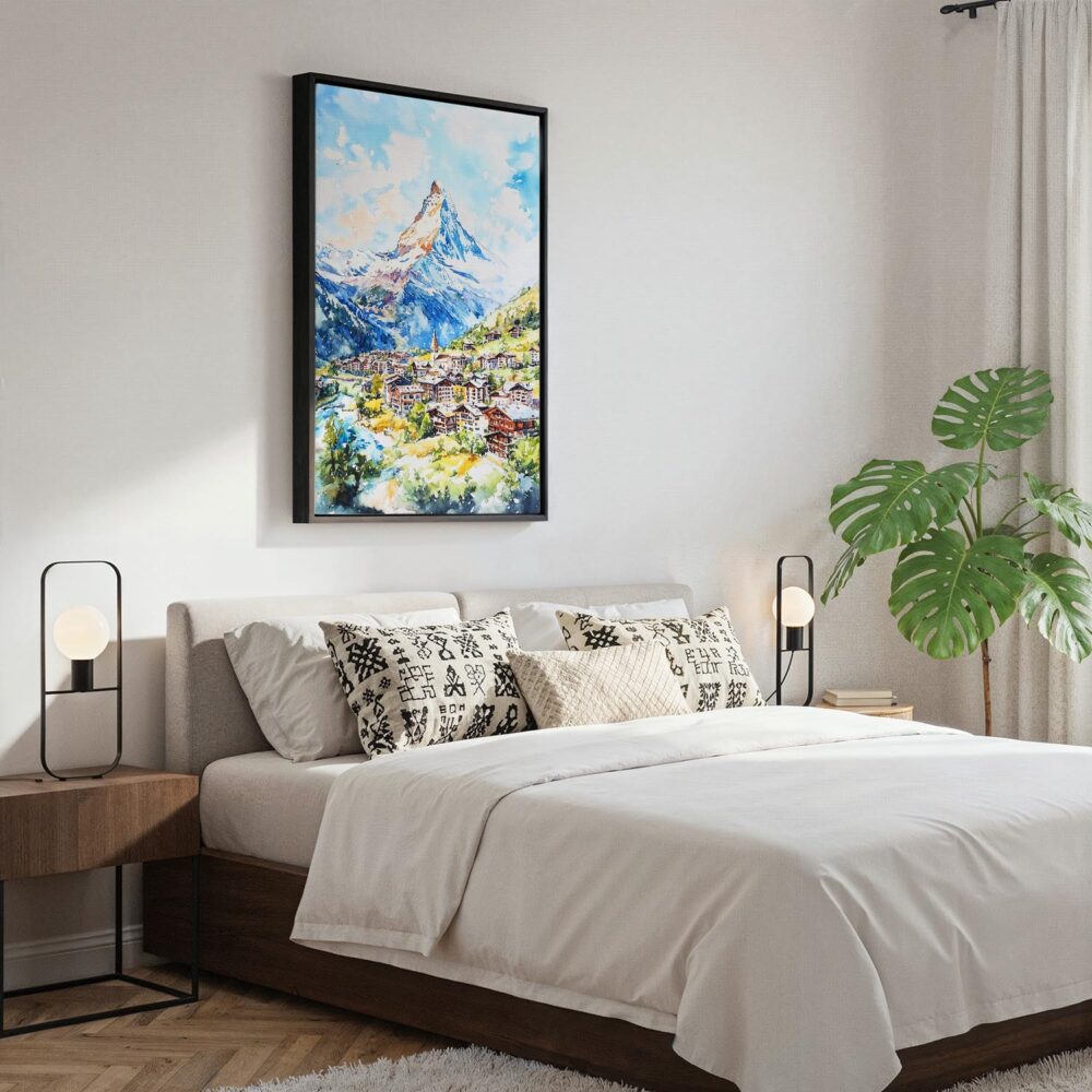 06 - Black Framed Zermatt Watercolor Canvas Print - Bedroom - Vertical.jpg 06 - Black Framed Zermatt Watercolor Canvas Print - Bedroom - Vertical.jpg