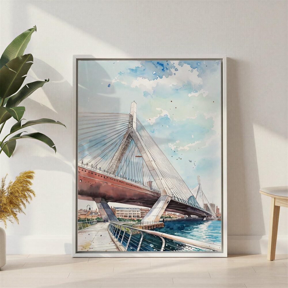 06 - Boston Zakim Bridge Watercolor Canvas Print with White Floater Frame - Standing on Floor - Vertical.jpg 06 - Boston Zakim Bridge Watercolor Canvas Print with White Floater Frame - Standing on Floor - Vertical.jpg