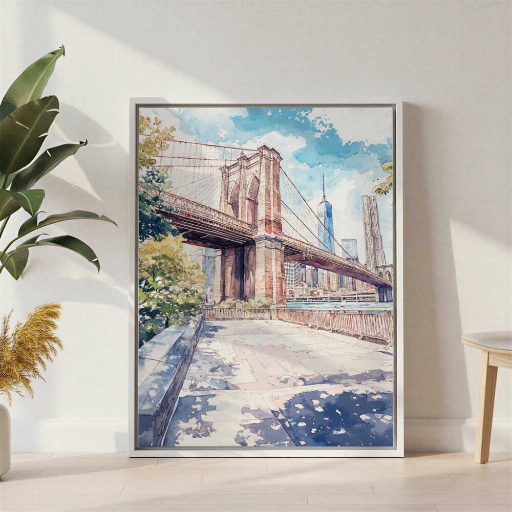 06 - Brooklyn Bridge - Watercolor Canvas Print with White Floater Frame - Standing on Floor - Vertical.jpg 06 - Brooklyn Bridge - Watercolor Canvas Print with White Floater Frame - Standing on Floor - Vertical.jpg