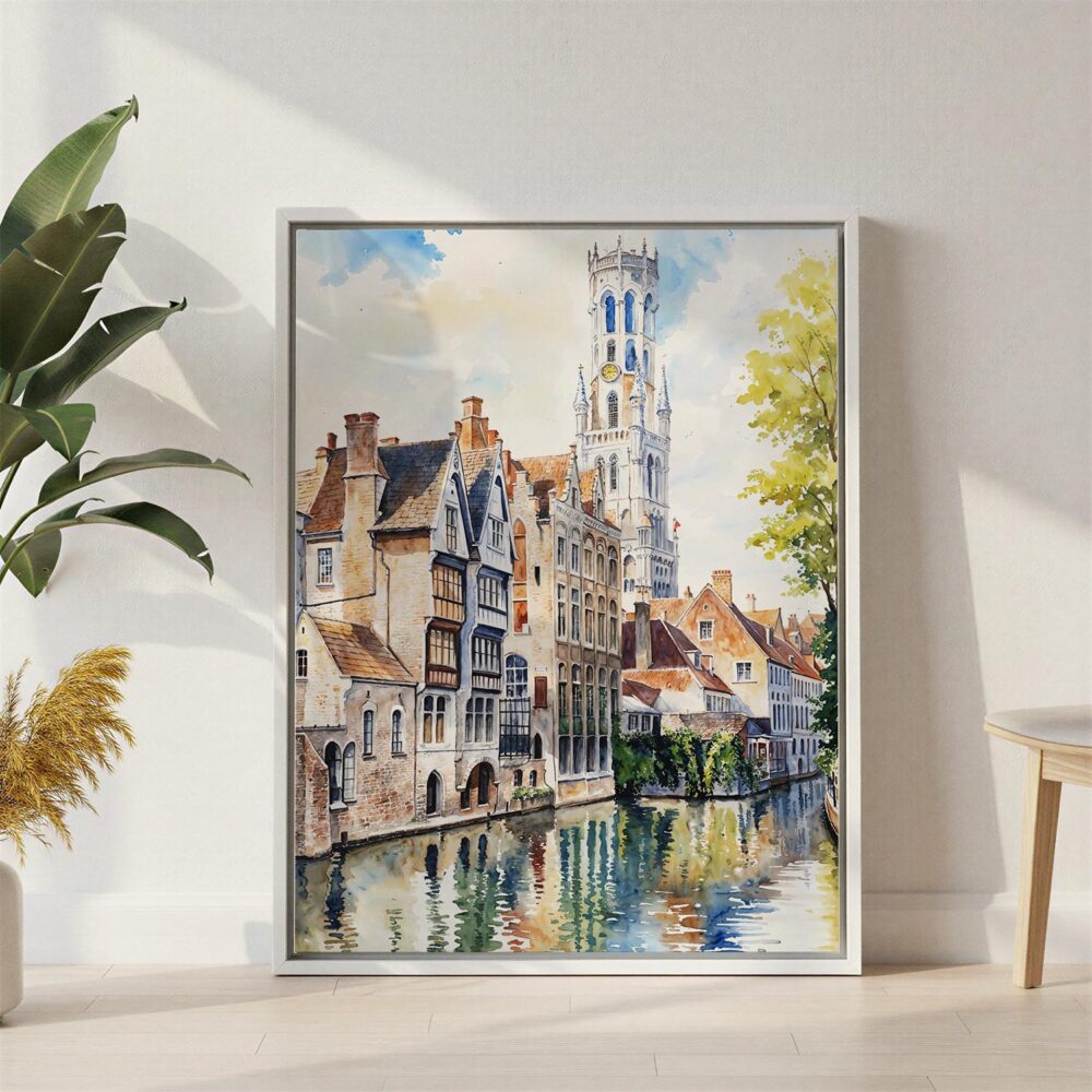 06 - Bruges Belgium Watercolor Canvas Print with White Floater Frame - Standing on Floor - Vertical.jpg 06 - Bruges Belgium Watercolor Canvas Print with White Floater Frame - Standing on Floor - Vertical.jpg