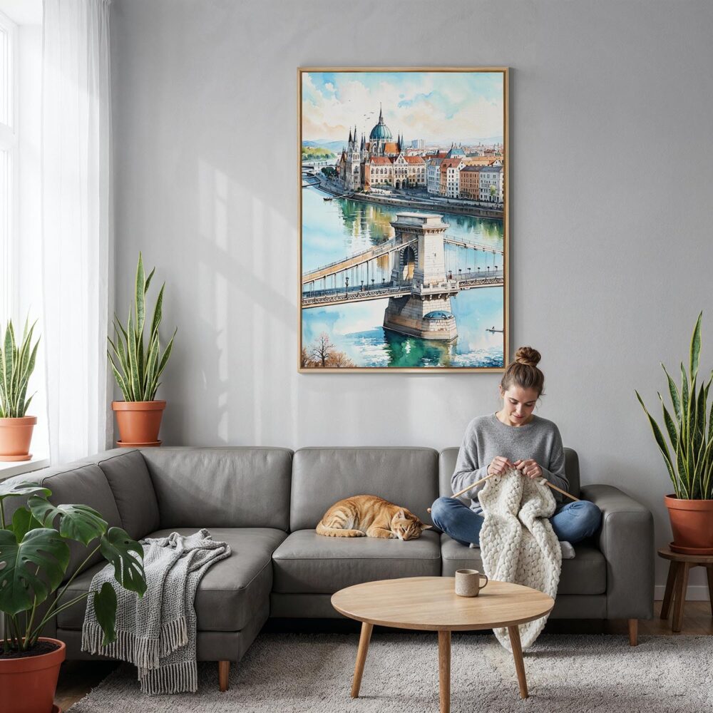 06 - Budapest Hungary Watercolor Canvas Print with Natural Floater Frame - Woman Knitting on grey couch - Vertical.jpg 06 - Budapest Hungary Watercolor Canvas Print with Natural Floater Frame - Woman Knitting on grey couch - Vertical.jpg