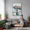 06 - Budapest Hungary Watercolor Canvas Print with Natural Floater Frame - Woman Knitting on grey couch - Vertical.jpg