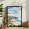 06 - California Laguna Beach Watercolor Canvas Print with Brown Floater Frame - Standing on Floor - Vertical.jpg