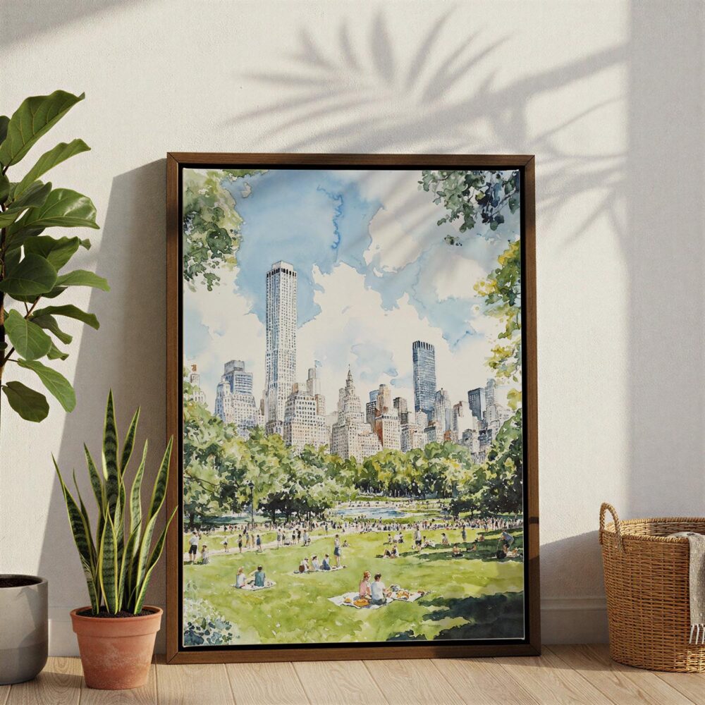 06 - Central Park New York Watercolor Canvas Print with Brown Floater Frame - Standing on Floor - Vertical.jpg 06 - Central Park New York Watercolor Canvas Print with Brown Floater Frame - Standing on Floor - Vertical.jpg