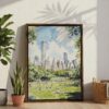 06 - Central Park New York Watercolor Canvas Print with Brown Floater Frame - Standing on Floor - Vertical.jpg