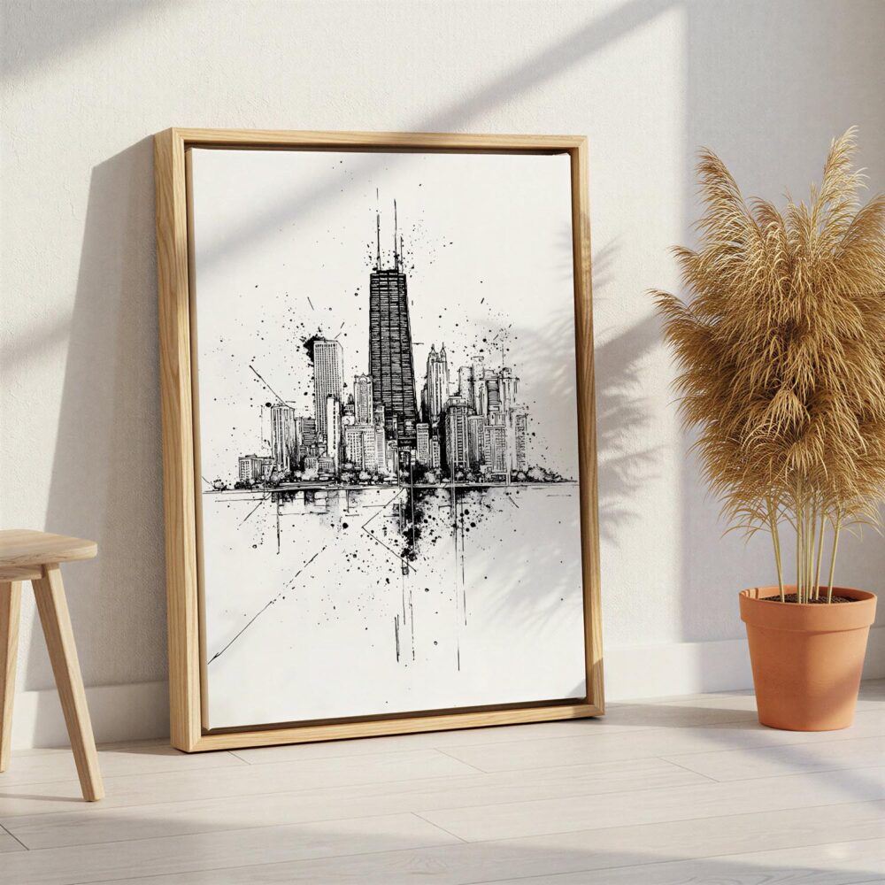 06 - Chicago Pencil Art Canvas Print with Natural Floater Frame - Standing on Floor - Vertical.jpg 06 - Chicago Pencil Art Canvas Print with Natural Floater Frame - Standing on Floor - Vertical.jpg