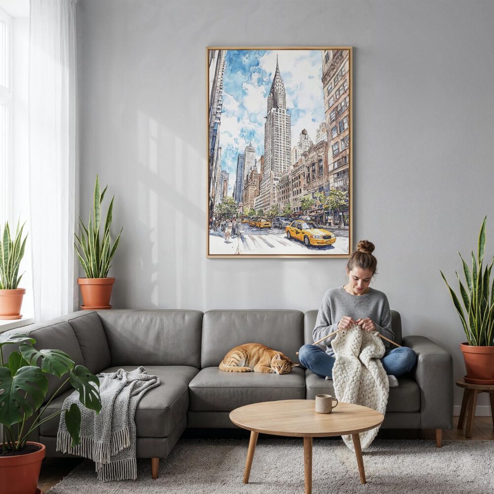 06 - Chrysler Building - Watercolor Canvas Print with Natural Floater Frame - Woman Knitting on grey couch - Vertical.jpg 06 - Chrysler Building - Watercolor Canvas Print with Natural Floater Frame - Woman Knitting on grey couch - Vertical.jpg