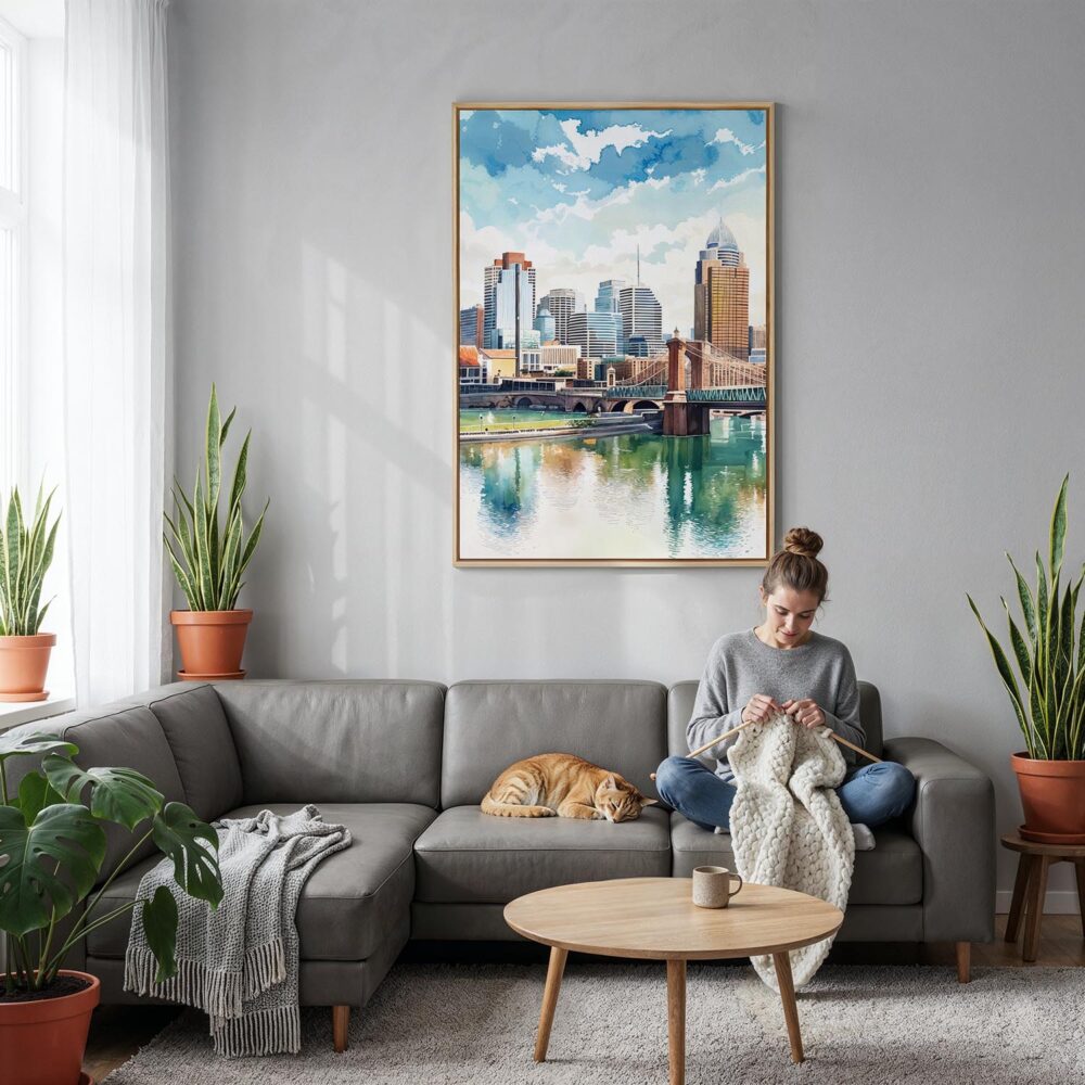 06 - Cincinnati Ohio Watercolor Canvas Print with Natural Floater Frame - Woman Knitting on grey couch - Vertical.jpg 06 - Cincinnati Ohio Watercolor Canvas Print with Natural Floater Frame - Woman Knitting on grey couch - Vertical.jpg