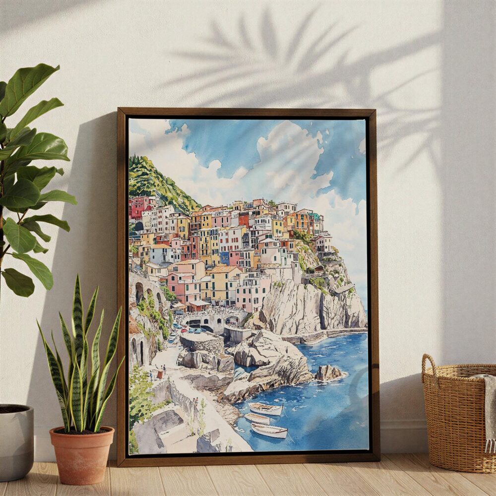 06 - Cinque Terre Watercolor Canvas Print with Brown Floater Frame - Standing on Floor - Vertical.jpg 06 - Cinque Terre Watercolor Canvas Print with Brown Floater Frame - Standing on Floor - Vertical.jpg