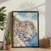 06 - Cinque Terre Watercolor Canvas Print with Brown Floater Frame - Standing on Floor - Vertical.jpg