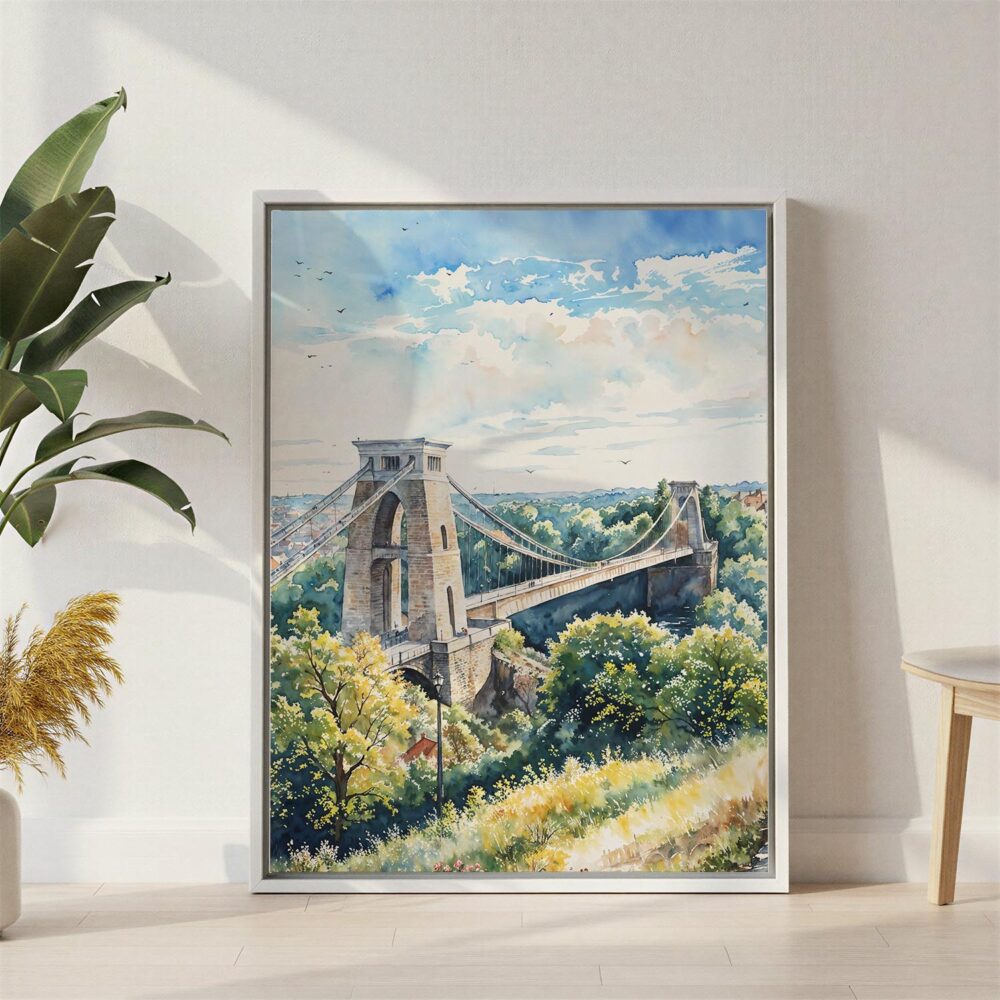 06 - Clifton Bridge Bristol Watercolor Canvas Print with White Floater Frame - Standing on Floor - Vertical.jpg 06 - Clifton Bridge Bristol Watercolor Canvas Print with White Floater Frame - Standing on Floor - Vertical.jpg