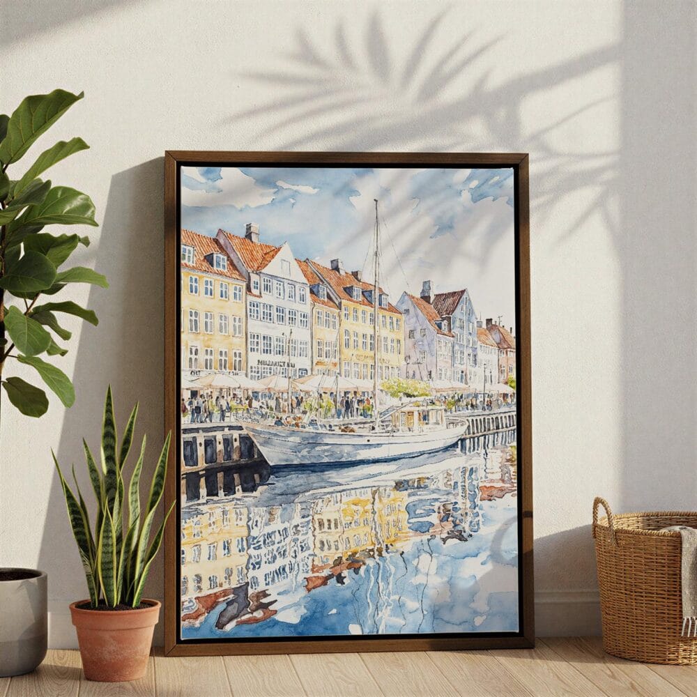 06 - Copenhagen Denmark Watercolor Canvas Print with Brown Floater Frame - Standing on Floor - Vertical.jpg 06 - Copenhagen Denmark Watercolor Canvas Print with Brown Floater Frame - Standing on Floor - Vertical.jpg