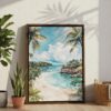 06 - Costa Rica Playa Dominical Watercolor Canvas Print with Brown Floater Frame - Standing on Floor - Vertical.jpg
