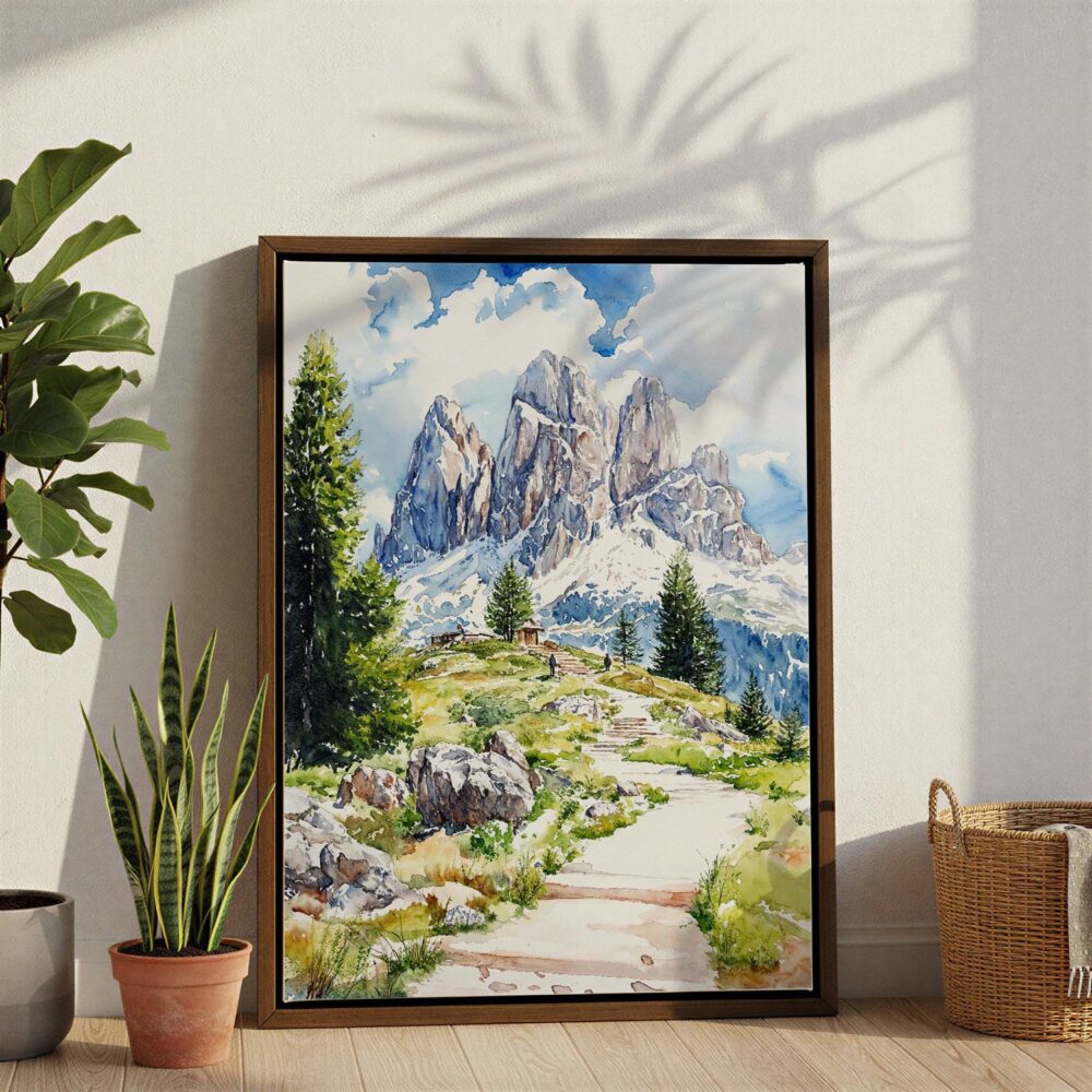 06 - Dolomites Hiking Watercolor Canvas Print with Brown Floater Frame - Standing on Floor - Vertical.jpg 06 - Dolomites Hiking Watercolor Canvas Print with Brown Floater Frame - Standing on Floor - Vertical.jpg