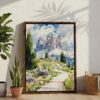 06 - Dolomites Hiking Watercolor Canvas Print with Brown Floater Frame - Standing on Floor - Vertical.jpg