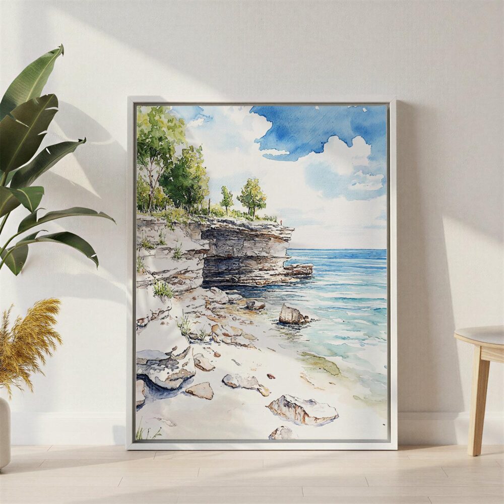 06 - Door County Watercolor Canvas Print with White Floater Frame - Standing on Floor - Vertical.jpg 06 - Door County Watercolor Canvas Print with White Floater Frame - Standing on Floor - Vertical.jpg