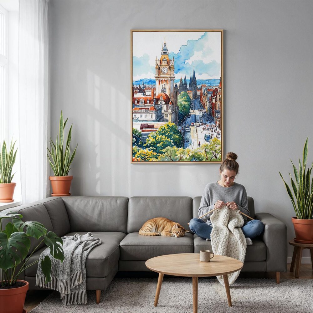 06 - Edinburgh Skyline Watercolor Canvas Print with Natural Floater Frame - Woman Knitting on grey couch - Vertical.jpg 06 - Edinburgh Skyline Watercolor Canvas Print with Natural Floater Frame - Woman Knitting on grey couch - Vertical.jpg