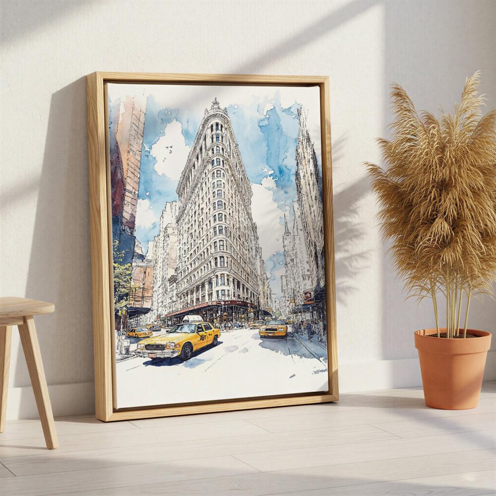06 - Flatiron Watercolor Canvas Print with Natural Floater Frame - Standing on Floor - Vertical.jpg 06 - Flatiron Watercolor Canvas Print with Natural Floater Frame - Standing on Floor - Vertical.jpg