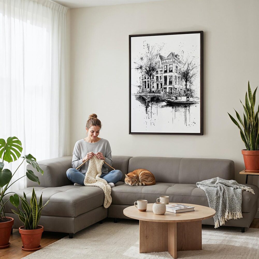 06 - Framed Amsterdam - Pencil Drawing - 1 Canvas Print - Woman Knitting on grey couch - Vertical.jpg 06 - Framed Amsterdam - Pencil Drawing - 1 Canvas Print - Woman Knitting on grey couch - Vertical.jpg