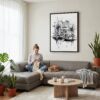 06 - Framed Amsterdam - Pencil Drawing - 1 Canvas Print - Woman Knitting on grey couch - Vertical.jpg