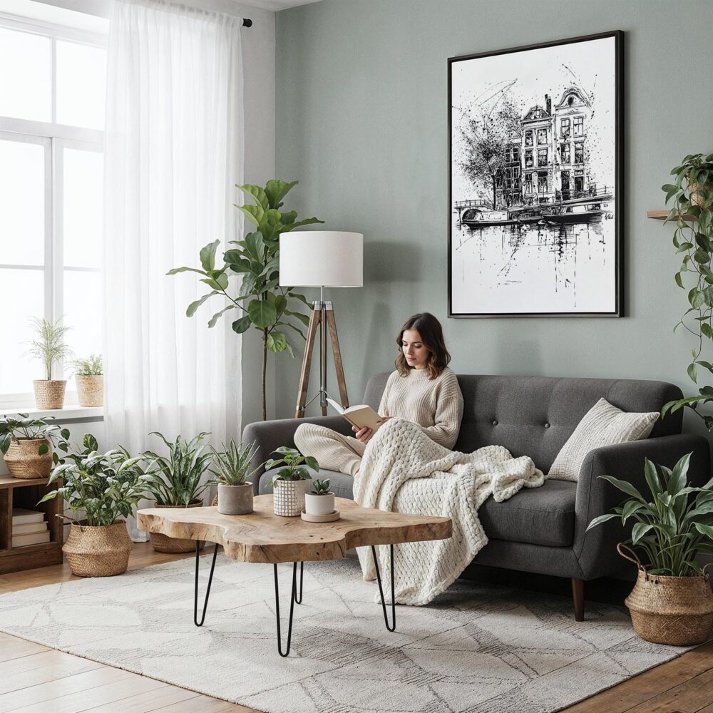 06 - Framed Amsterdam - Pencil Drawing - 3 Canvas Print - Woman reading in Boho Living Room - Vertical.jpg 06 - Framed Amsterdam - Pencil Drawing - 3 Canvas Print - Woman reading in Boho Living Room - Vertical.jpg