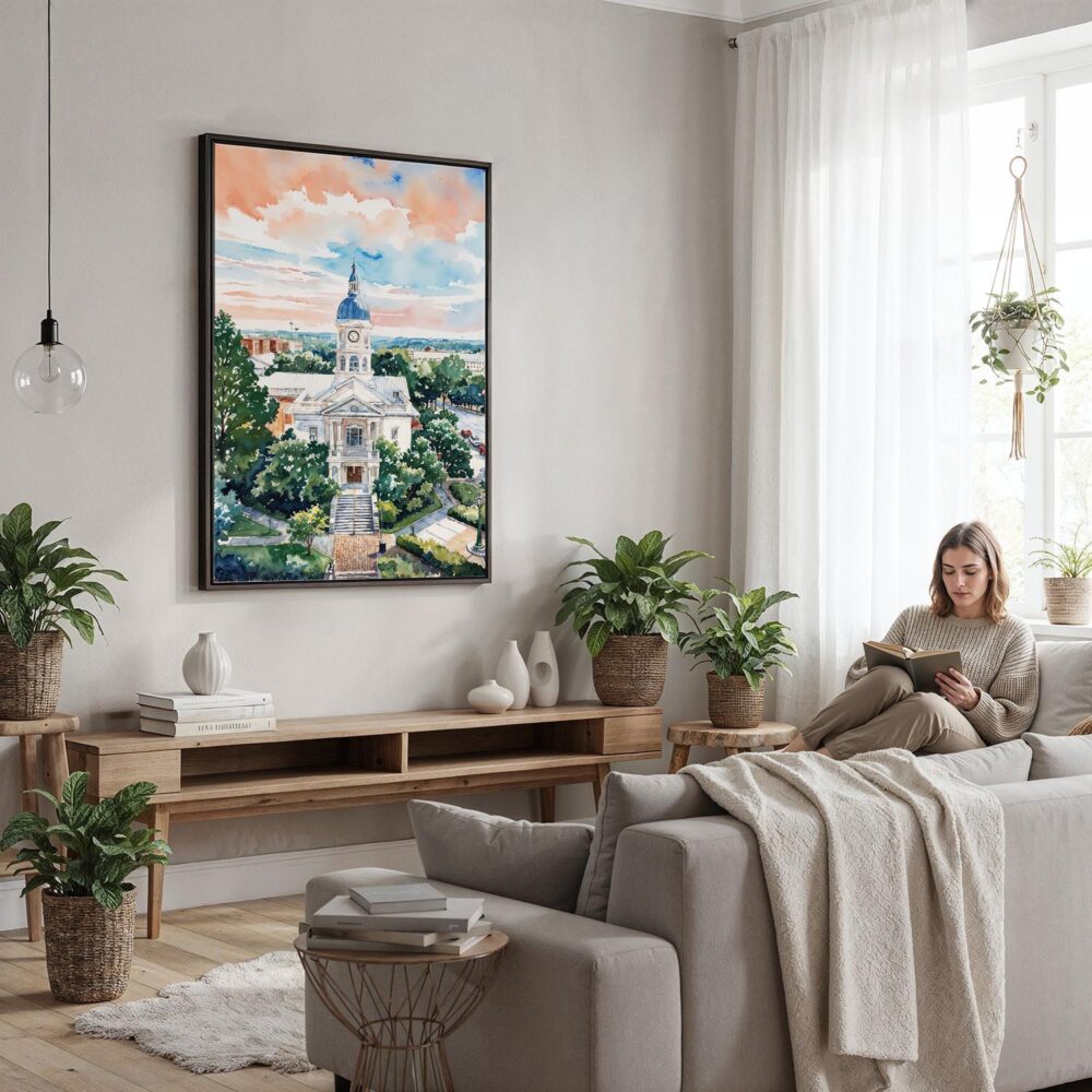 06 - Framed Athens Georgia Watercolor Canvas Print - Woman reading in modern Living Room - Vertical.jpg 06 - Framed Athens Georgia Watercolor Canvas Print - Woman reading in modern Living Room - Vertical.jpg