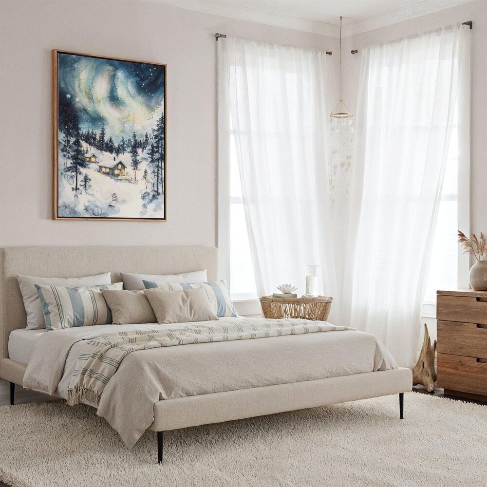 06 - Framed Aurora Lapland Finland Watercolor Canvas Print - Coastal Bedroom - Vertical.jpg 06 - Framed Aurora Lapland Finland Watercolor Canvas Print - Coastal Bedroom - Vertical.jpg