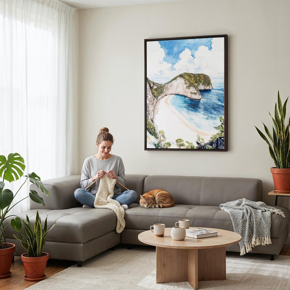 06 - Framed Bali Nusa Penida Watercolor Canvas Print - Woman Knitting on grey couch - Vertical.jpg 06 - Framed Bali Nusa Penida Watercolor Canvas Print - Woman Knitting on grey couch - Vertical.jpg